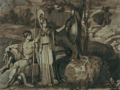 Scène uit de Perseusmythe: Athena met het Gorgo-schild door Franz Caucig