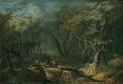 Boslandschap met omgevallen boom en jagers door Franz Christoph Janneck