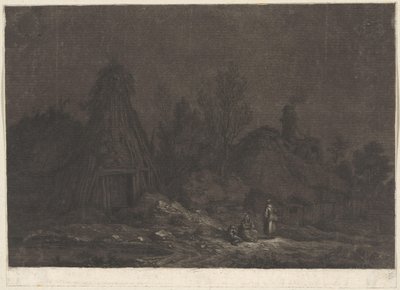 Maanlichtscène met figuren voor een hut door Franz Edmund Weirotter