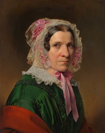 Portret van een oudere dame met kanten kap en roze linten door Franz Eybl