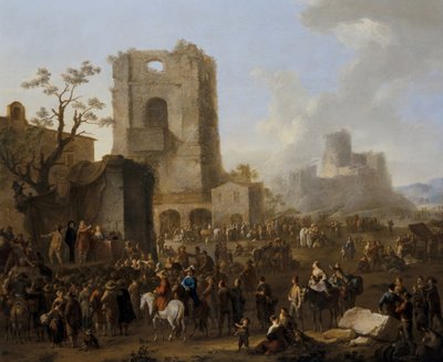 Een Italiaans stadsgezicht met figuren die de Saltarello dansen door Franz Ferg