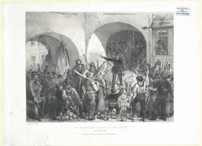 De barricade bij de k.k. universiteit op 26 mei 1848 door Franz Gerasch