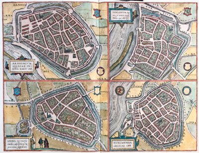 Arnhem en Venlo, Nederland - Geldern, Duitsland en Roermond, Nederland door Franz Hogenberg