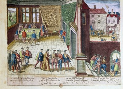 Arrestatie van Lamoral, graaf van Egmont (1522-1568) en Filips van Montmorency (1524-1568), graaf van Hornes (Hoorn) voor hun standpunt tegen koning Filips II van Spanje (1527-1598). Ze zullen worden geëxecuteerd in 1568 (rechtsboven) 1653 door Franz Hogenberg