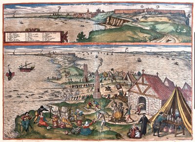 Cadiz, Spanje. (Boven: de kapel van St. Sebastian, onder: de tonijnvisserij van Cadiz. In het midden, de wachttorens (gravure) door Franz Hogenberg