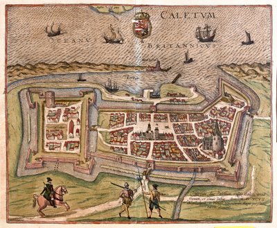 Calais, Frankrijk: de poort, het fort en de sleutel van Frankrijk, kwamen in 1597 onder de macht van de Spaanse koning Filips (gravure) door Franz Hogenberg