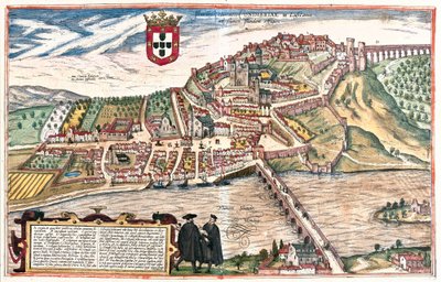Coimbra, Portugal. De twee academici in geleerd gesprek op de voorgrond maken verdere visuele verwijzingen naar de universiteit (gravure) door Franz Hogenberg