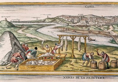 Conil de la Frontera, de vissers drogen de vis, snijden hem, verkopen hem en verpakken hem in vaten voor verkoop, uit "Civitatis Orbis Terrarum" door Franz Hogenberg