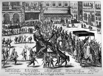 Intocht van Hercule Francois van Frankrijk, hertog van Alençon (1554-84) in Antwerpen, 19 februari 1582 door Franz Hogenberg