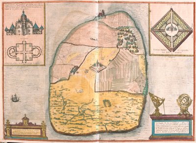 Eiland Ven en Uranienborg, het paleis en observatorium van Tycho Brahe gelegen op dit eiland, in de Sund (gravure) door Franz Hogenberg