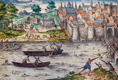 Bloedbaden van Tours, juli 1562 tijdens de Godsdienstoorlogen tegen de Hugenoten, gravure door Franz Hogenberg, Frankrijk door Franz Hogenberg