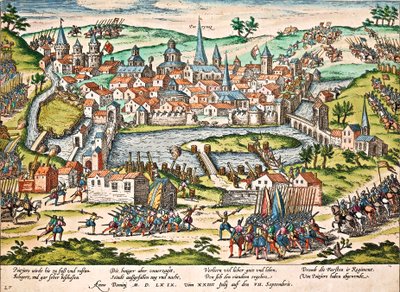 Papisten belegeren Poitiers, juli 1569, gravure door Franz Hogenberg door Franz Hogenberg
