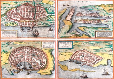 Plattegrond van Cagliari (Calaris), Sardinië (Italië), Malta (Malta), Rhodos (Rhodus) en Famagusta (Famaugusta), Cyprus door Franz Hogenberg