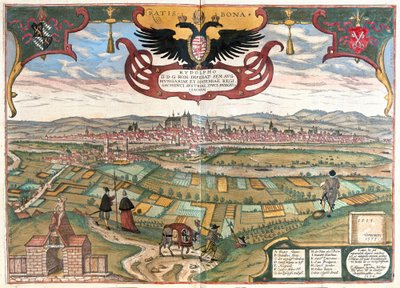Regensburg met het wapen van keizer Rudolf II, Duitsland door Franz Hogenberg