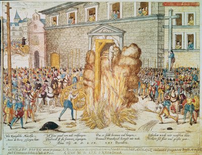 Religieuze oorlog: executie van de Franse protestantse magistraat Anne du Bourg (1521-1559) op 23/12/1559 op Place de Greve in Parijs door Franz Hogenberg