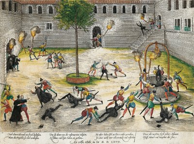 Vergelding door Gereformeerden tegen geestelijken van Nîmes, oktober 1567, gravure door Franz Hogenberg, godsdienstoorlogen, Frankrijk door Franz Hogenberg