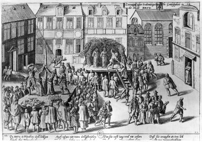 Brandstapel in Brugge tijdens het bewind van Fernando Alvarez de Toledo, hertog van Alba door Franz Hogenberg