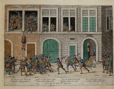 Inname van Valence na ophanging van gouverneur La Motte-Gondrin, 25 april door Franz Hogenberg