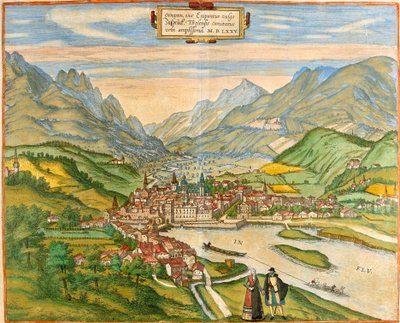 Zicht op Innsbruck (Oenipons of Enipontus), Oostenrijk (ets) door Franz Hogenberg