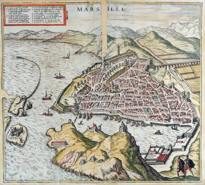 Zicht op Marseille in de 16e eeuw, met het ziekenhuis voor lepralijders linksonder, uit 