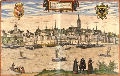 Gezicht op Nijmegen (Noviomagium), Nederland door Franz Hogenberg