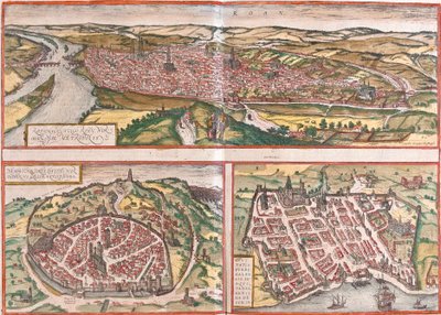 Zicht op Rouen (Rotomagus), Nimes (Nemausus) en Bordeaux (Burdigala), Frankrijk door Franz Hogenberg
