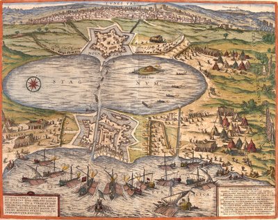 Gezicht op Tunis, Tunesië, met het fort van Goulette dat toegang tot het Meer van Tunis controleert en het nieuwe fort voor de stadsmuren door Franz Hogenberg