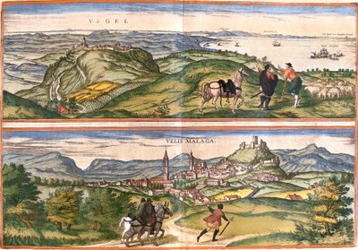 Uitzicht op Vejer de la Frontera (Vegel) en Velez Malaga (Velis Malaga), Spanje door Franz Hogenberg