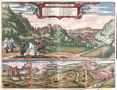 Zicht op het Alhambra met de stad Granada, Spanje: bovenaan een uitzicht op het Alhambra op de Cerro del Sol-heuvel. Linksonder de gesloten deuren van het Alhambra. In het midden de ingangen van de Masmoros-grotten. Rechtsonder een groot gebouw door Franz Hogenberg