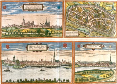 Gezichten en plannen van Kleef (Cliviam), Duisburg (Duisburgum), Emmerik aan de Rijn (Embrica) in Duitsland en Genappe in België door Franz Hogenberg