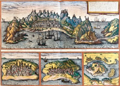 Uitzichten op Aden (Jemen), Mombasa (Mombaza) (Kenia), Kilwa Kisiwani (Quiloa) (Tanzania) en Cefala Diana (Cefala) (Sicilië, Italië) door Franz Hogenberg