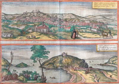 Uitzichten op Burgos en San Sebastian (of Donostia), Spanje door Franz Hogenberg