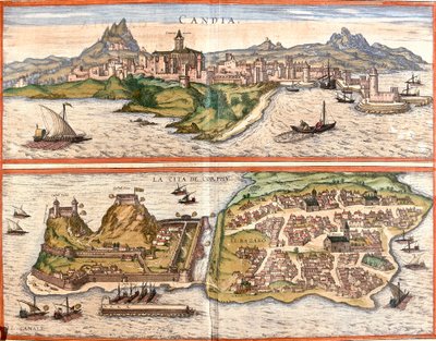 Uitzichten op Candia (Candia), het huidige Heraklion op het eiland Kreta en Corfu of Corcyra (Corphu), Grieks eiland door Franz Hogenberg