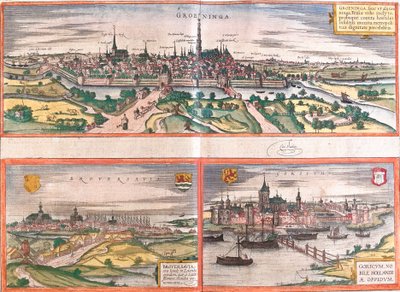 Gezichten van Groningen (Groeninga), Brouwershaven (Broversavia) en Gorinchem (Goricum), in Nederland door Franz Hogenberg