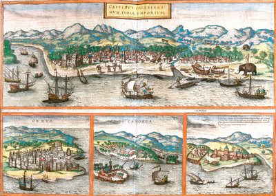 Gezichten van Kozhikode of Calicut (India), Ormuz (Iran), Cannanore of Kannur (India) en St. George van de mijn (Ghana) door Franz Hogenberg