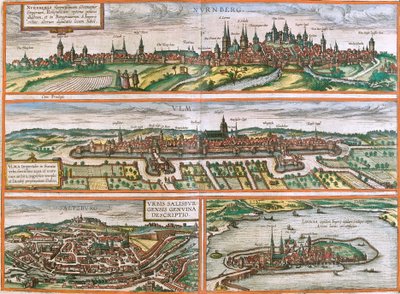 Gezichten van Neurenberg (Nurnberga), Ulm (Ulma), Lindau (Lindola), Duitsland en Salzburg (Salisburgensis) in Oostenrijk door Franz Hogenberg