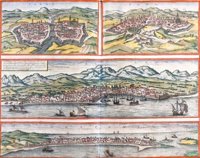 Gezichten van Parma (Parma), Siena (Sena), Palermo (Panhormus) en Trapani (Drepanum) (Sicilië), Italië door Franz Hogenberg