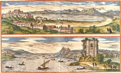 Uitzichten op Pozzoli (Puteoli) en Baiae (het huidige Baia), Italië, met de oude resten van de thermale baden van de Golf van Napels en een fort door Franz Hogenberg