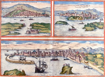 Zichten op Sibenik (Sibinium, Sibenicho), Porec (Parens, Parentium), Kroatië en Modon (Modona), Griekenland (ets) door Franz Hogenberg