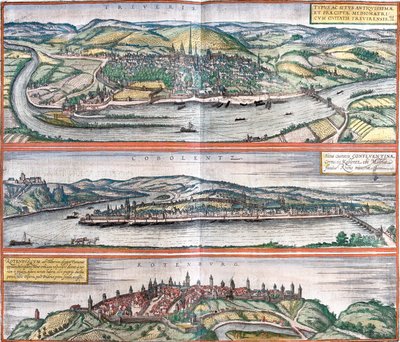 Zichten op Treves (Treveris), Koblenz (Coboletz) en Rothenburg (Rotenburgum), Duitsland door Franz Hogenberg