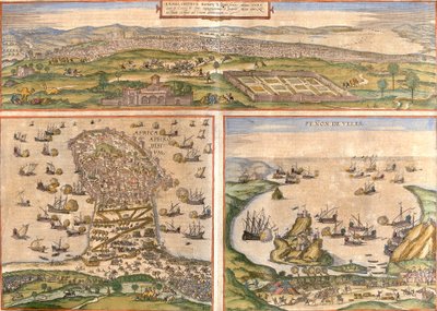 Zichten van Tunis (Tunes) en Mahdia (Aphrodisium) in Tunesië, en Penon de Velez de la Gomera of Badis (Bades), betwist tussen Spanje en Marokko door Franz Hogenberg