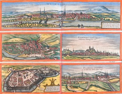 Uitzichten op Weimar (Weimaria), Iena, Erfurt (Erdfordia), Gotha en Fulde (Fuldensis), Duitsland door Franz Hogenberg