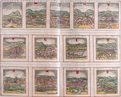 Zichten op de belangrijkste steden van de Zwitserse Confederatie: Schwytz (Svicia), Zug (Tugium), Glaris (Glarona), Bale (Basilea), Zurich (Tugurum), Bern (Ursina), Lucerne (Lucerna), Uri (Ursella), Fribourg (Frigurgum), Solothurn (Soloturensis), Schaffhau door Franz Hogenberg