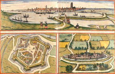 Zichten van Duinkerke (Duynkercke), Gravelines (Grevelinge) en Bourbourg (Borborch), Frankrijk door Franz Hogenberg