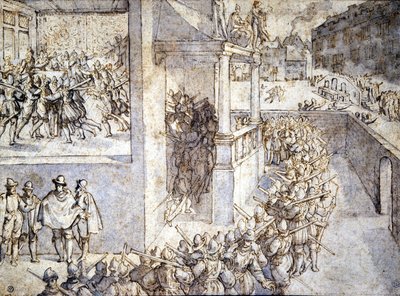 Godsdienstoorlog (Sint-Bartholomeüsnacht). Tekening door Hogenberg door Franz Hogenberg