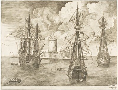 Viermaster en Twee Drie-Masters Voor Anker bij een Versterkt Eiland met een Vuurtoren, uit De Zeilschepen door Franz Huys