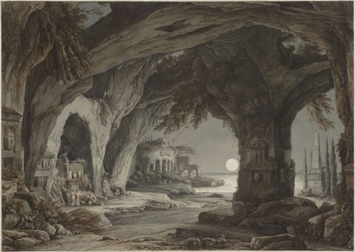 Ideaal landschap met rotsgrot, graven en ruïnes in het maanlicht, ca. 1790 door Franz Innocenz Josef Kobell