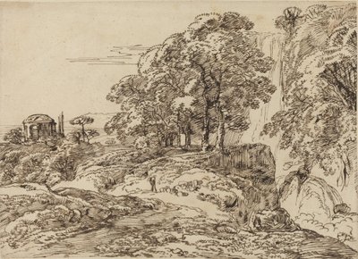 Pastoraal Landschap met een Waterval en een Tempel door Franz Innocenz Josef Kobell