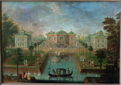 Het hofleven in het park van paleis Augustusburg rond het Indianenhuis, gezicht vanuit het oosten ... door Franz Jakob Rousseau