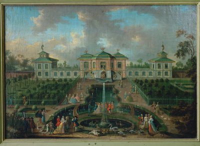 Het hofleven in het park van paleis Augustusburg rond het Indianenhuis, gezien vanuit het westen ... door Franz Jakob Rousseau